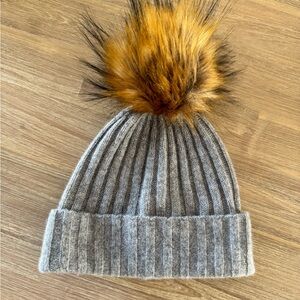 Gray Cashmere Beanie with Faux Fur Pom